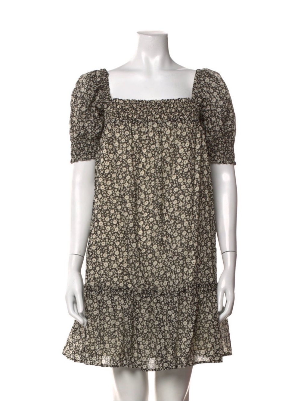 Tory Burch Black and Cream Floral Smocked Square-Neck Mini Dress